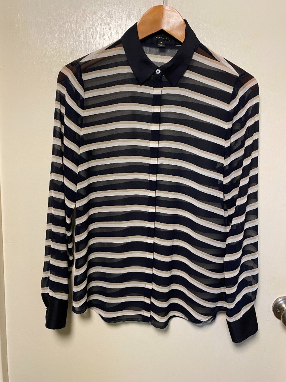 Ann Taylor Size 4 Sheer Striped Blouse Navy Beige White Long Sleeve